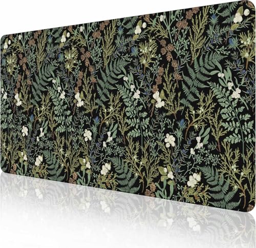 Schwarzes ästhetisches Vintage-Mauspad, botanisches Gaming-Mauspad, XL, niedlicher Wald, grüne Pflanze, Natur, Blumenmuster, verlängertes großes Mauspad, rutschfest, genähte Kanten, lange Matte für von Solekla