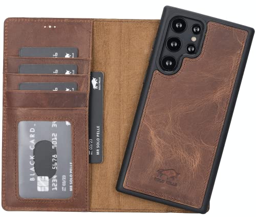 Solo Pelle Lederhülle Harvard kompatibel für das Samsung Galaxy S22 Ultra inklusive abnehmbare Hülle mit integrierten Kartenfächern (Vintage Braun) von Solo Pelle