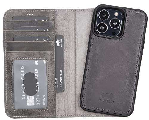 Solo Pelle Lederhülle kompatibel für iPhone 13 Pro in 6.1 Zoll abnehmbare Hülle (2in1) inkl. Kartenfächer für das original Apple iPhone 13 Pro (Steingrau) von Solo Pelle