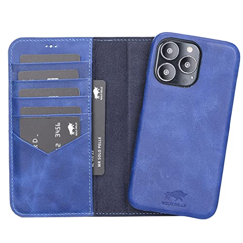 Solo Pelle Lederhülle kompatibel für iPhone 13 Pro in 6.1 Zoll abnehmbare Hülle (2in1) inkl. Kartenfächer für das original Apple iPhone 13 Pro (Vollleder Vintage Blau) von Solo Pelle