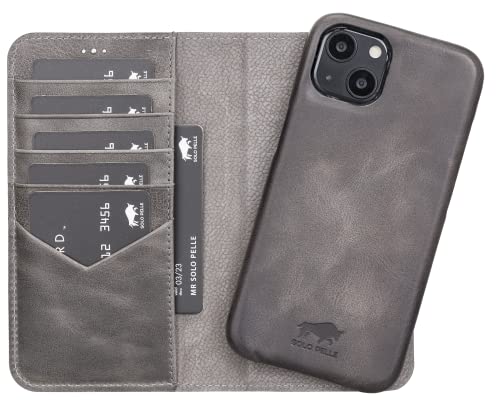 Solo Pelle Lederhülle kompatibel für iPhone 13 in 6.1 Zoll abnehmbare Hülle (2in1) inkl. Kartenfächer für das original Apple iPhone 13 (Vollleder Steingrau) von Solo Pelle