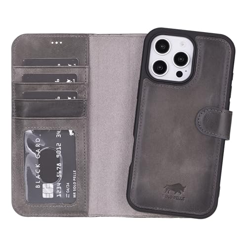 Solo Pelle Lederhülle kompatibel für iPhone 16 Pro in 6.3 Zoll abnehmbare Hülle (2in1) inkl. Kartenfächer geeignet für MagSafe Zubehör (Steingrau) von Solo Pelle