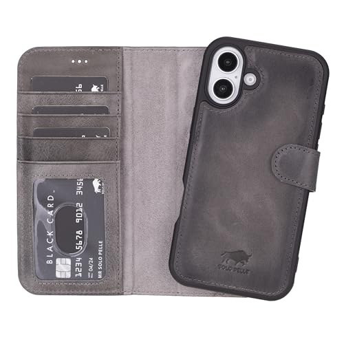 Solo Pelle Lederhülle kompatibel für iPhone 16 in 6.1 Zoll abnehmbare Hülle (2in1) inkl. Kartenfächer geeignet für MagSafe Zubehör (Steingrau) von Solo Pelle