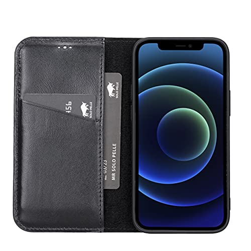 Solo Pelle aufklappbare Lederhülle kompatibel für iPhone 13 Mini in 5.4 Zoll inkl. 1 Kartenfach für das original Apple iPhone 13 Mini (Schwarz) von Solo Pelle