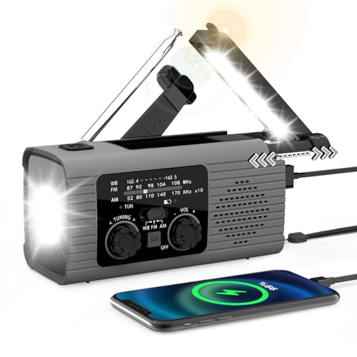 Solar Handkurbel Radio, AM/FM/WB Tragbar Notfallradio mit 4000mAh Wiederaufladbare Batterie, USB Anschluss, Led Taschenlampe und 180° Drehbares Leselicht, SOS-Alarm Weltempfänger für Camping (Grau) von Somerway