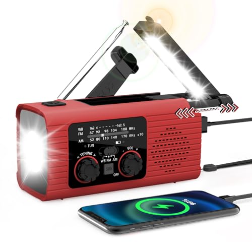 Solar Handkurbel Radio, AM/FM/WB Tragbar Notfallradio mit 4000mAh Wiederaufladbare Batterie, USB Anschluss, Led Taschenlampe und 180° Drehbares Leselicht, SOS-Alarm Weltempfänger für Camping (Rot) von Somerway