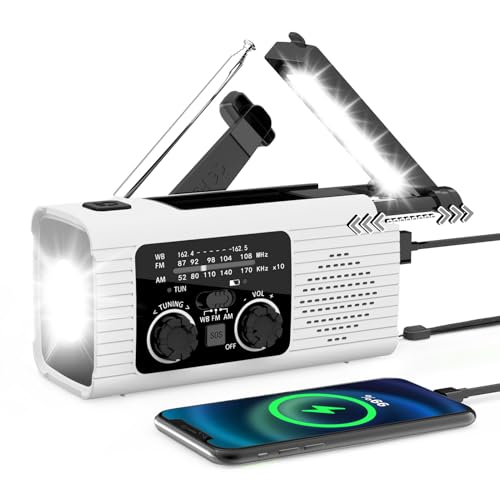 Solar Handkurbel Radio, AM/FM/WB Tragbar Notfallradio mit 4000mAh Wiederaufladbare Batterie, USB Anschluss, Led Taschenlampe und 180° Drehbares Leselicht, SOS-Alarm Weltempfänger für Camping (Weiß) von Somerway