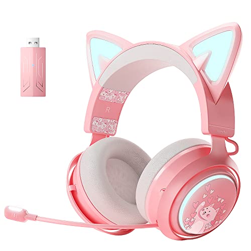 SOMIC Cat Ear Kopfhörer, 2.4GHz Wireless Gaming Headset für PS4/5, PC, Bluetooth,für Smartphone, Einziehbares Mikrofon, RGB Beleuchtung, 7.1 Surround Sound, Nette Katze Ohr für Mädchen von Somic