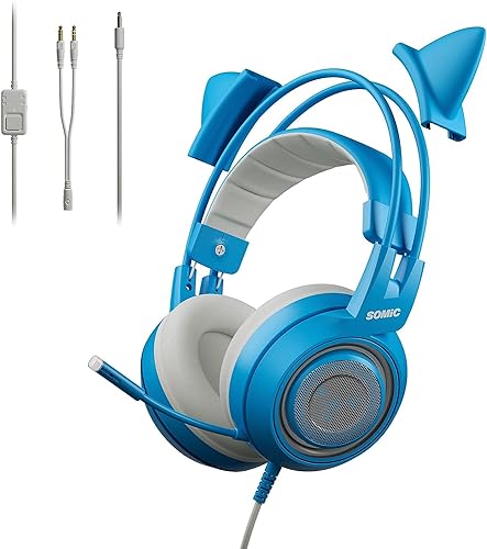 Somic G951S Blau Gaming-Headset mit Mikrofon, Mädchen Frauen Blau Katze Ohr-Kopfhörer mit 3,5-mm-Kabel für Xbox One, Switch, PS4, Smartphone von Somic