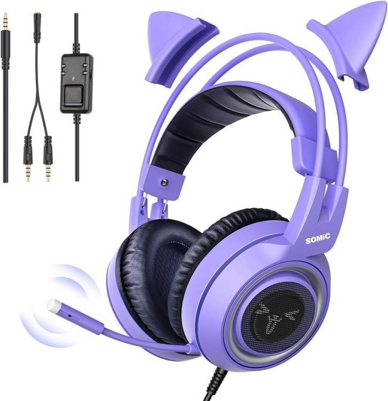 Somic G951S Gaming-Headset (Kopfhörer mit Lautstärkeregler, 3,5-mm-Klinkenstecker, Abnehmbares Cat-Ear Lila Gaming-Headset mit Mikrofon, Mädchen, Frauen) von Somic