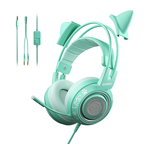 Somic G951S Green Gaming Headset mit Mikrofon für PS4, PS5, Xbox One, PC, Cat Ear Kopfhörer über Ohr mit In-Line Mic Steuerung, Stereo Sound für Mädchen, Frau von Somic