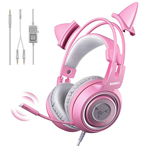 Somic G951S Rosa Gaming-Headset mit Mikrofon, Mädchen Frauen Rosa Katze Ohr-Kopfhörer mit 3,5-mm-Kabel für Xbox One, Switch, PS4, PS5 von Somic