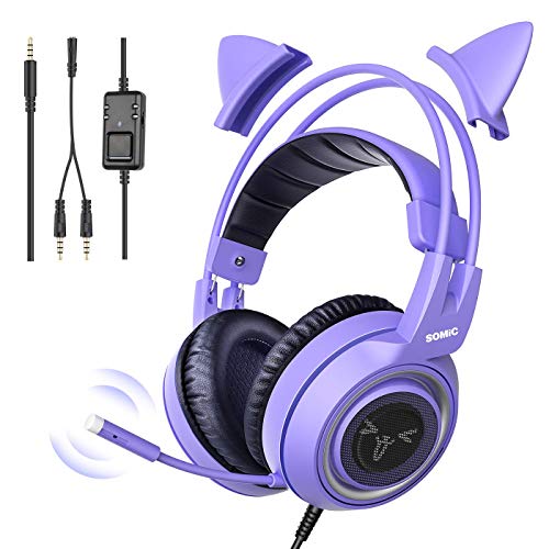 Somic G951S Violett Gaming Headset mit Mikrofon, Mädchen, Frauen Abnehmbarer Cat-Ear-Kopfhörer mit Lautstärkeregler für Xbox One, Switch, PS4-3,5-mm-Buchse von Somic