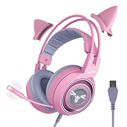 Somic G951rosa Rose Kat Gaming Headset Kopfhörer mit Virtuell 7.1 Klingen und LED Licht, Mikrofon für Computer, PS4, Laptop an Freundin, Frau (USB Stecker) USB-Buchse Rose von Somic