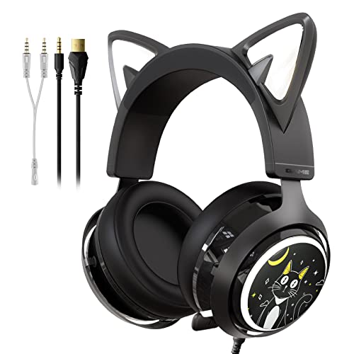 Somic GS510 Cat-Headset, 3,5-mm-Kopfhörer mit Kabel und einziehbarem Mikrofon-Geräuschunterdrückung, für Xbox One, PS5, PS4, PC, Schwarz von Somic