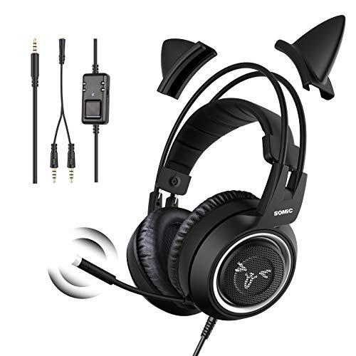 Somic Gaming-Kopfhörer für Xbox One, Stereo-Surround-Sound mit Geräuschunterdrückung, abnehmbares Katzenohr-Headset mit Inline-Steuerung für Jungen und Männer von Somic