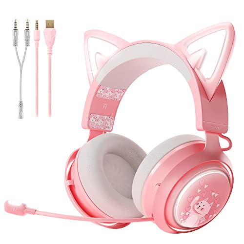 Somic Gaming-Kopfhörer mit Mikrofon, Katzenohr-Kopfhörer, kabelgebundener 3,5-mm-Kopfhörer mit einziehbarem Mikrofon-Geräuschunterdrückung, für Xbox One, PS5, PS4, PC, Pink Somic Gaming-Kopfhörer mit Mikrofon, Katzenohr-Kopfhörer, kabelgebundener 3,5-mm-Kopfhörer mit einziehbarem Mikrofon-Geräuschunterdrückung, für Xbox One, PS5, PS4, PC, Pink von Somic