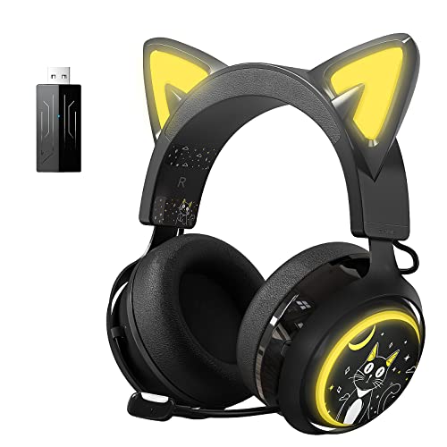 Somic Kabelloses Gaming-Headset, Bluetooth-Headset für Smartphone, einziehbares Mikrofon, 7.1-Surround-Sound, 50-mm-Treiber, RGB-Beleuchtung, süße Katzenohr-Kopfhörer für Mädchen, Schwarz von Somic