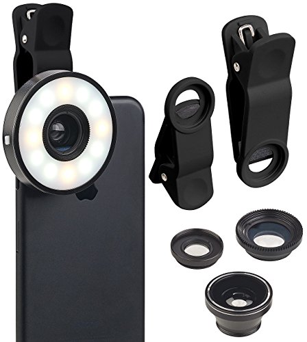 Somikon Foto Licht: 4in1-Vorsatz-Linsen-Set mit Weitwinkel, Makro, Fischauge und LED-Ring (Objektiv, Vorsatzlinse, iPad Halterung) von Somikon