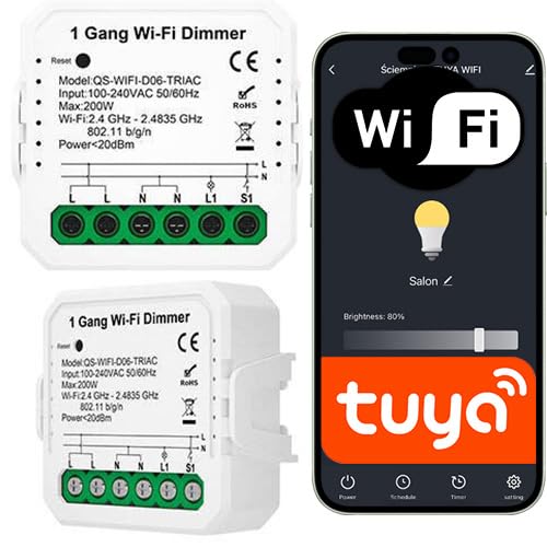 Tuya WLAN Unterputz Dimmer, Smart Home Lichtsteuerung für LED, Halogen & Glühlampen (TRIAC), App & Sprachsteuerung (Google Home/Alexa), 200W von Sone Smart One