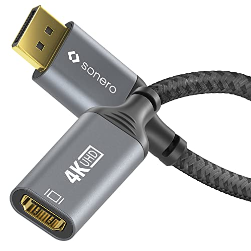 Sonero® 4K DisplayPort 1.2 auf HDMI 2.0 Adapter, DisplayPort Stecker auf HDMI Buchse, 4K 60Hz, 2K 120Hz, Baumwollmantel, grau/schwarz, 0,10 Meter von Sonero