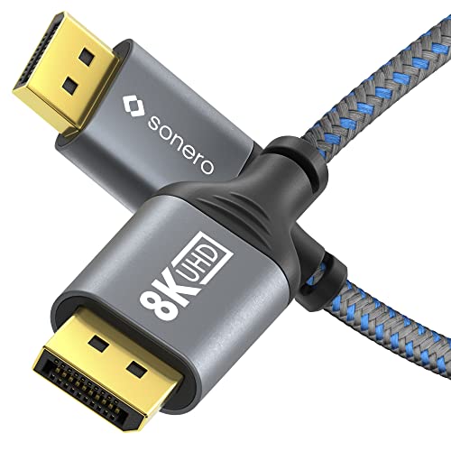 Sonero® 8K DisplayPort-Kabel 1.4, DisplayPort Stecker auf DisplayPort Stecker, 8K 60Hz, 4K 120Hz, Baumwollmantel, grau/blau, 1,00 Meter von Sonero
