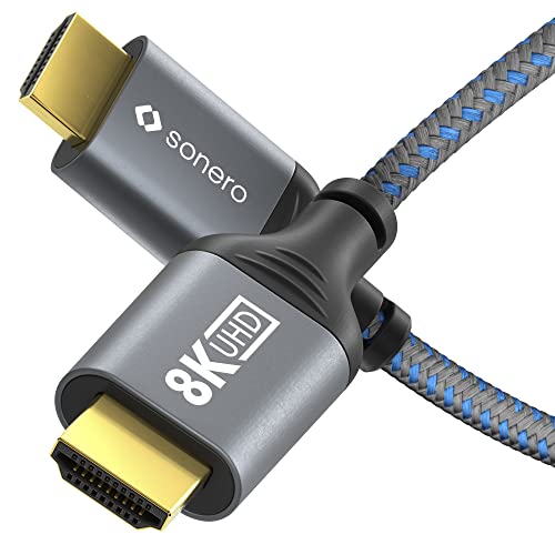 Sonero® 8K HDMI-Kabel, HDMI Stecker auf HDMI Stecker, HDMI 2.1, 8K 60Hz, 4K 120Hz, Baumwollmantel, grau/blau, 2,00 Meter von Sonero