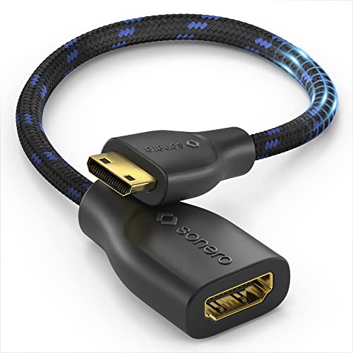 Sonero® Mini HDMI auf 4K HDMI Portsaver Adapter, Premium High Speed, Mini HDMI C Stecker auf HDMI A Buchse, vergoldete Kontakte, zweifache Abschirmung, Baumwollmantel, 0,15m von Sonero