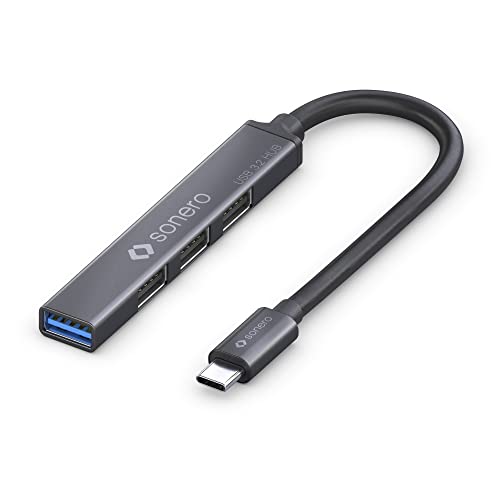 Sonero USB-Hub, USB-Verteiler, 4-Port, 1x USB 3.2 mit 5 GB/s, 3X USB 2.0 mit 480 MB/s, USB-C Stecker, Ultra Slim, Space Grey, 0,50m S-UH110-005 von Sonero