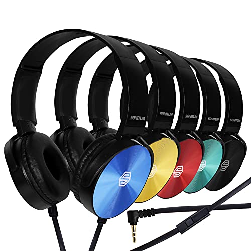 Klassenzimmerkopfhörer mit Mikrofon, 10 Stück, Kinder-Kopfhörer für Schüler K bis 12, Lehrer On-Ear-Kopfhörer für Online-Lernen und Reisen, mit 3,5-mm-Klinkenstecker (farbig mit Mikrofon) von Sonitum