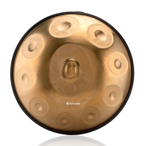 Sonopan "Handpan" in Gold - inkl. gratis Liederbuch, Tragetasche und Ständer - Tank Drum gestimmt in D-Moll, mit 440 Hz und 10 Noten - Percussion Instrument perfekt zur Meditation, Yoga & Entspannung von Sonodrum