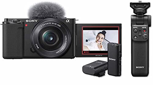 Sony Alpha ZV-E10 | APS-C spiegellose Vlog-Kamera (schwenkbarer Bildschirm für Vlogging, 4K-Video, Echtzeit-Augen-Autofokus) Schwarz + SEL1650 Objektiv + Handgriff & Mikrofon von Sony
