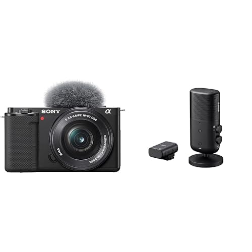 Sony Alpha ZV-E10 | APS-C spiegellose Vlog-Kamera (schwenkbarer Bildschirm für Vlogging, 4K-Video, Echtzeit-Augen-Autofokus) Schwarz + SEL1650 Objektiv ECM-S1 kabelloses Standmikrofon von Sony