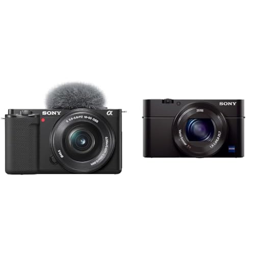 Sony Alpha ZV-E10 | APS-C spiegellose Vlog-Kamera (schwenkbarer Bildschirm für Vlogging, 4K-Video, Echtzeit-Augen-Autofokus) Schwarz + SEL1650 Objektiv & RX100 III | Premium-Kompaktkamera von Sony