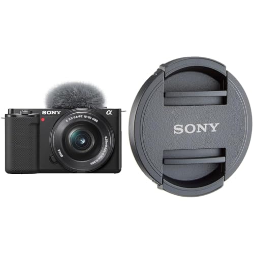 Sony Alpha ZV-E10 | APS-C spiegellose Vlog-Kamera (schwenkbarer Bildschirm für Vlogging & ALC-F405S Vordere Objektivklappe für SEL-P1650 schwarz, 40.5 mm von Sony