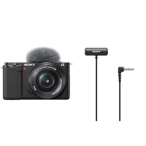 Sony Alpha ZV-E10 | APS-C spiegellose Vlog-Kamera (schwenkbarer Bildschirm für Vlogging & ECM-LV1 Ansteckmikrofon mit Stereo-Tonaufzeichnung, Schwarz von Sony