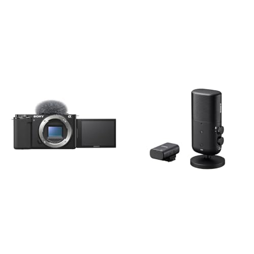 Sony Bundle Alpha ZV-E10 | APS-C spiegellose Wechselobjektiv-Vlog-Kamera (schwenkbarer Bildschirm für Vlogging, 4K-Video), Schwarz ECM-S1 | kabelloses Standmikrofon ECM-S1 von Sony