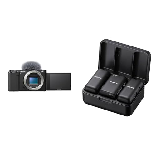 Sony Bundle Alpha ZV-E10 | APS-C spiegellose Wechselobjektiv-Vlog-Kamera (schwenkbarer Bildschirm für Vlogging, 4K-Video), Schwarz ECM-W3 | kabelloses Mikrofonsystem für 2 Mikros, schwarz von Sony