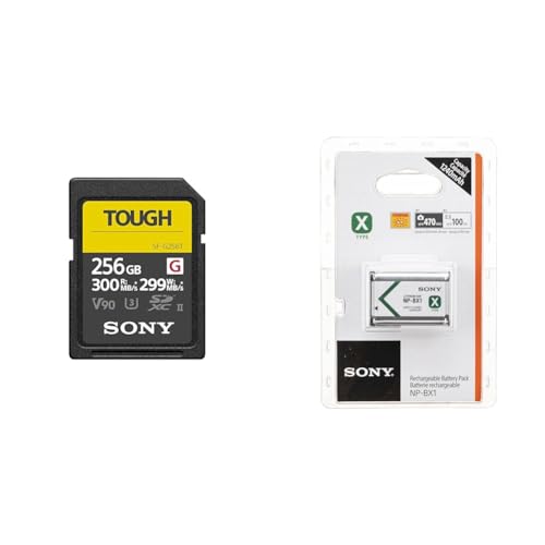 Sony SDXC UHS-II Speicherkarte mit 256GB, Schreiben mit 299 MB/s, 4k Video, Tough-Serie - Robust & IP68, SFG256T & NP-BX1 Li-Ion Akku (Typ X, 3,6V, 1240mAh) für Cyber-Shot von Sony