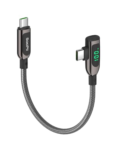 SooPii 100 W rechtwinkliges USB C auf USB C Kabel mit LED-Anzeige, 0,3 m, geflochtenes USB C PD Ladekabel aus Zinklegierung und Nylon für lPhone 15, lPad Pro, MacBook Pro, Galaxy S23 von SooPii