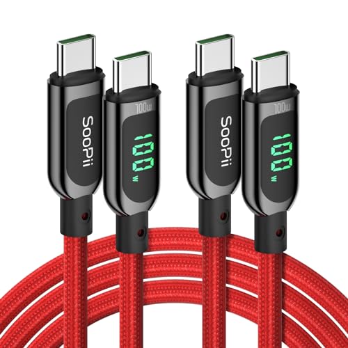 SooPii 100W USB-C-auf-USB-C-Kabel, (1,2M, 2 Stück) 2Schnellladekabel mit LED-Anzeige, PD 5A Typ-C-Ladekabel für lPhone 15/Pro/Plus/Pro Max, lPad Air, MacBook, Galaxy S23/S22, Pixel, LG (Rot) von SooPii