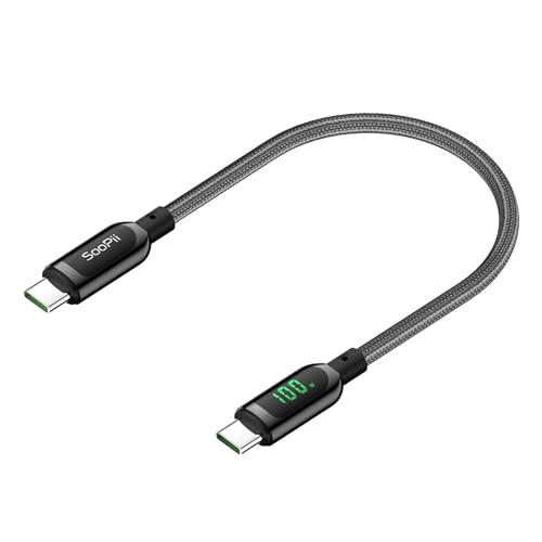 SooPii 100W USB-C-auf-USB-C-Kabel, 0.3M Schnellladekabel mit LED-Anzeige, PD 5A Typ-C-Ladekabel für lPhone 15/Pro/Plus/Pro Max, lPad Air, MacBook, Galaxy S23/S22, Pixel, LG (Grau) von SooPii