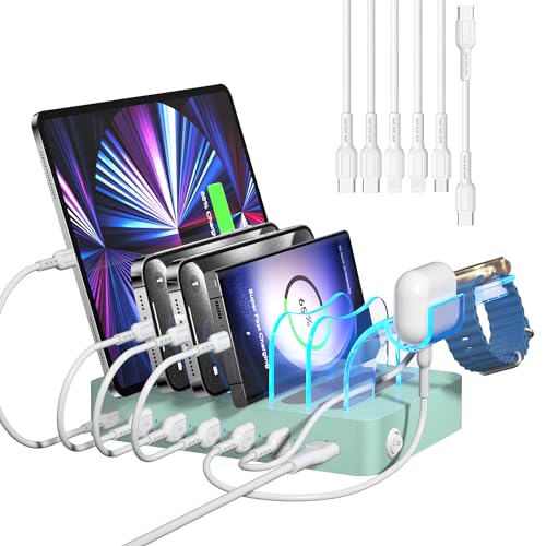 SooPii 6-Port Ladestation für mehrere Geräte, 60W USB-Ladestation mit 6 gemischten Kabeln, 20W PD USB-C Schnellladung für iPad, iPhone, Android, Tablet und andere elektronische Geräte von SooPii