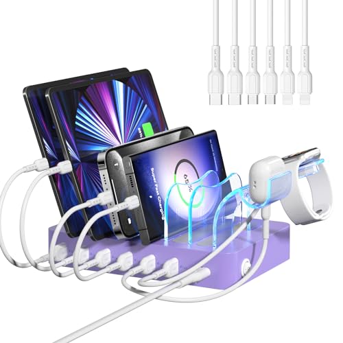 SooPii Ladestation für mehrere Geräte, 50W 6-Port Multi-USB-Ladestation mit 2-in-1 i-Watch-Ladehalterung und 6 Ladekabeln, entworfen für iPad, Mobiltelefone, Tablets und andere (Purple) von SooPii