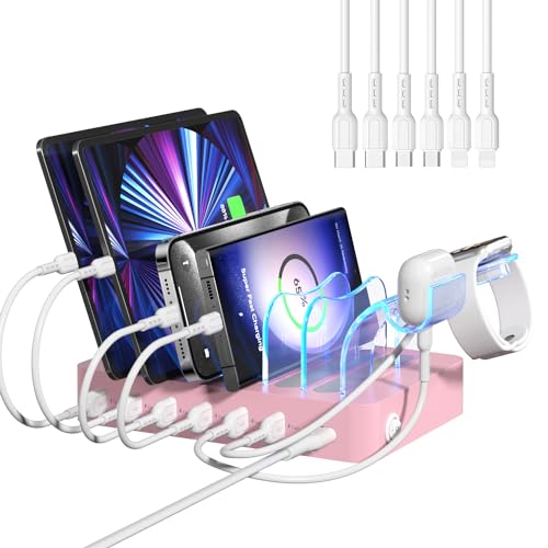 SooPii Ladestation für mehrere Geräte, 50W 6-Port Multi-USB-Ladestation mit 2-in-1 i-Watch-Ladehalterung und 6 Ladekabeln, entworfen für iPad, Mobiltelefone, Tablets und andere (Rosa) von SooPii