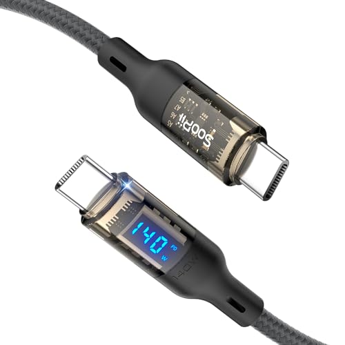 SooPii USB C auf USB C Kabel [140W 1.2M], Schnelllade USB C Kabel mit LED Anzeige für MacBook Pro,lPhone 15/15 Pro/15Pro Max,Samsung Galaxy S23+/S23 Ultra/S22 Ultra,und mehr,Transparente Hülle,(Grau) von SooPii
