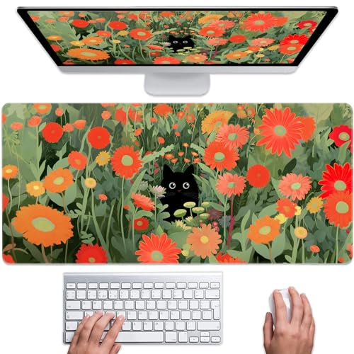 King-Size-Mauspad, Mondphasen-Druck, Tastaturmatten für Schreibtisch, Schreibtischunterlage für Heimbüro-Zubehör (schwarze Katze in Blumen) von Sosolong