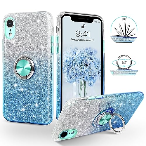 SouliGo Hülle kompatibel mit iPhone XR, iPhone XR Hülle Glitzer, iPhone XR Handyhülle Silikon Case Cover mit 360 Grad Ring Halter Ständer stabil Kratzfest Hülle für iPhone XR 6.1 Zoll Bling Blau von SouliGo