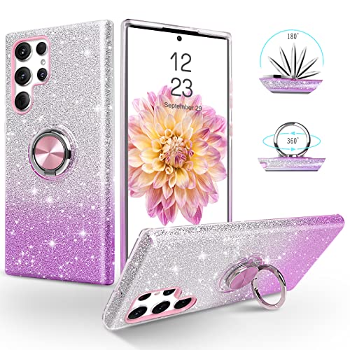 SouliGo Samsung Galaxy S22 Ultra Hülle Glitzer, Galaxy S22 Ultra Handyhülle Silikon Case Cover mit 360 Grad Ring Halter Ständer stabil Kratzfest Hülle für Samsung Galaxy S22 Ultra Bling Violett von SouliGo