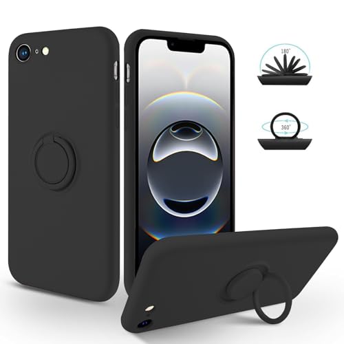 SouliGo Schutzhülle für iPhone 16e, 15,4 cm (6,1 Zoll), 2025, Silikon, weich, Gel, Gummi, mit 360°-Ring-Halterung, Ständer für magnetische Autohalterung, schlank, stoßfest, rutschfest, Schwarz von SouliGo